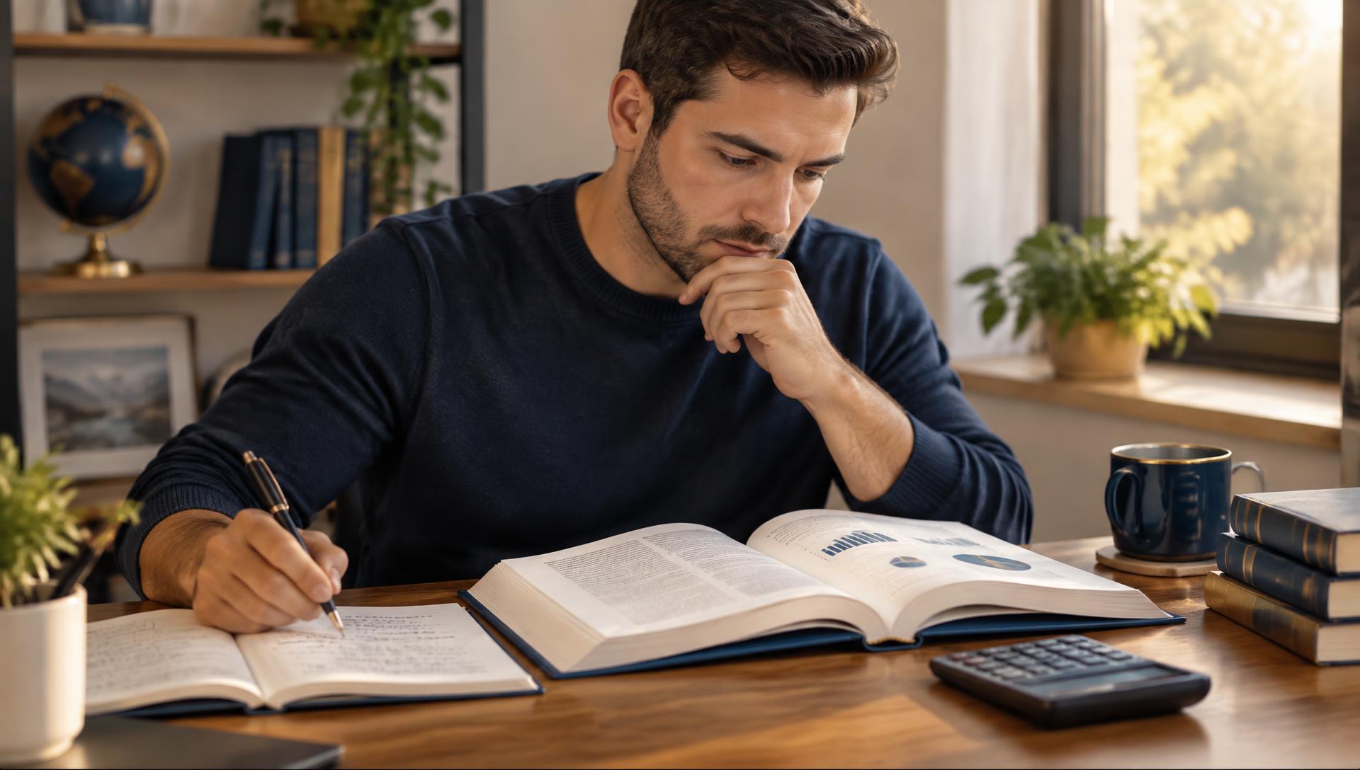 A student studying for the R06 October 2026 exam at a desk with an open textbook, notes and a calculator